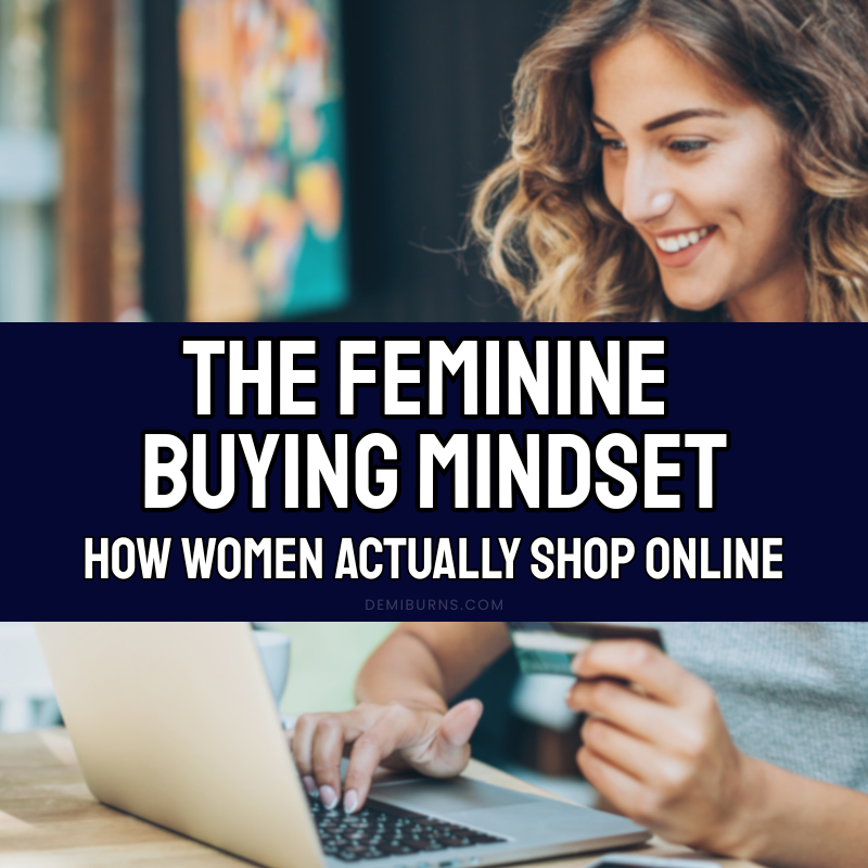 Woman shopping online using a laptop and holding a credit card, with text overlay ‘The Feminine Buying Mindset - How Women Actually Shop Online'